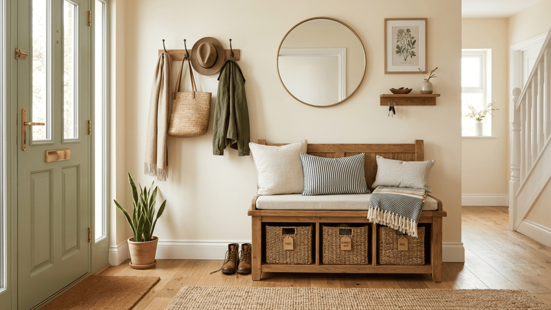 Hallway bench with storage and cushions creating a cozy and functional entry space