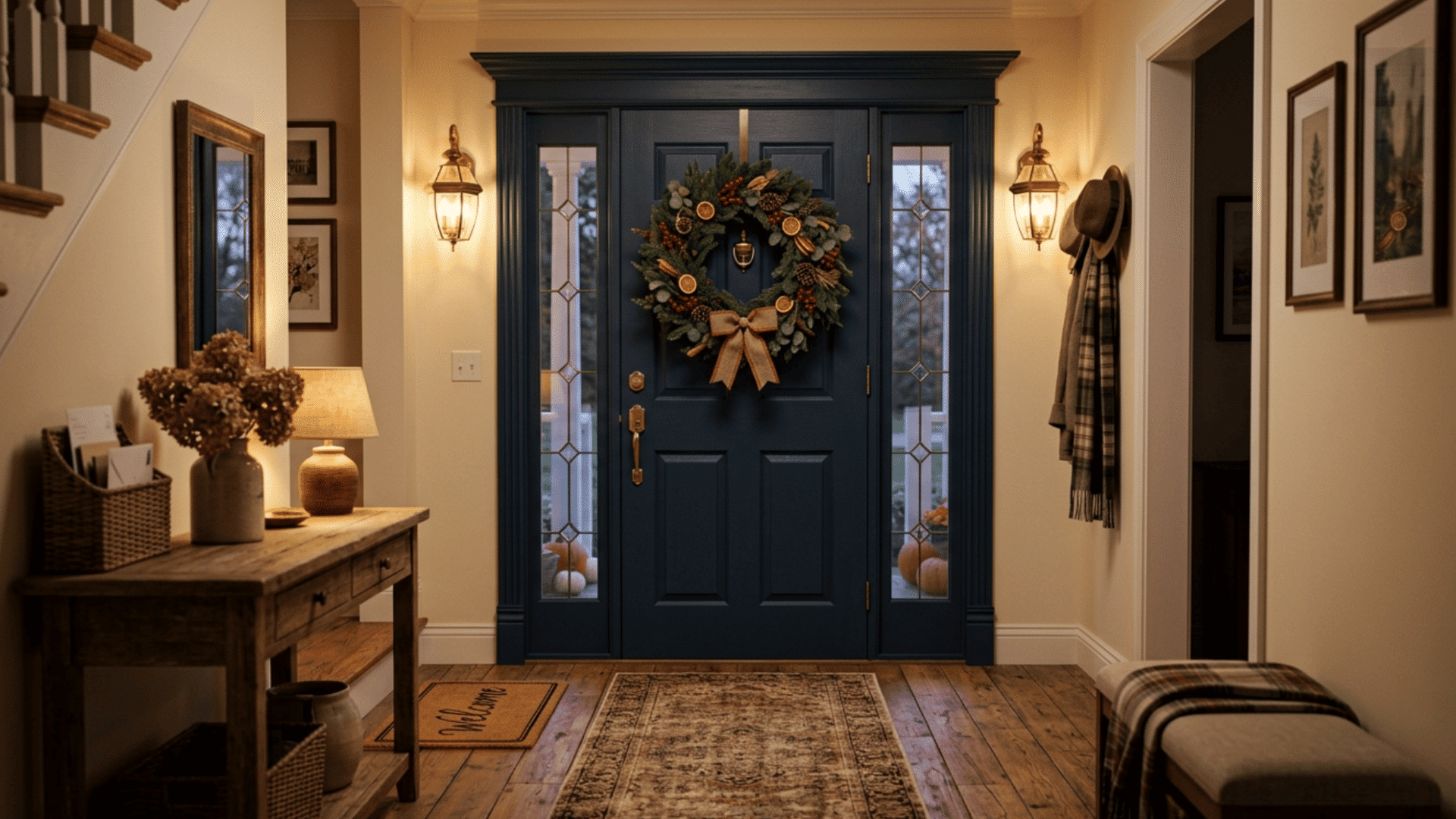 Hallway door decorated with seasonal wreath for a fresh and welcoming look