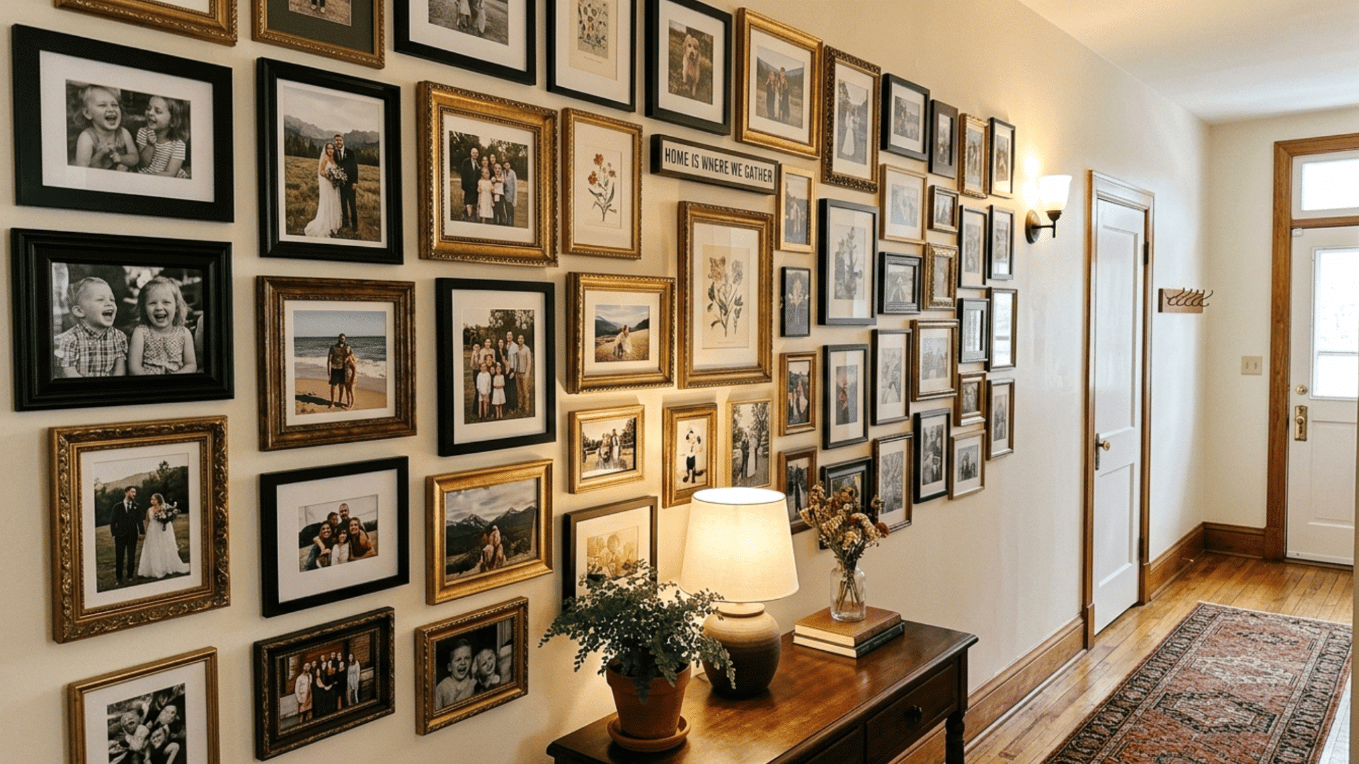 Hallway gallery wall with mixed frames, family photos, and art prints for a personal touch