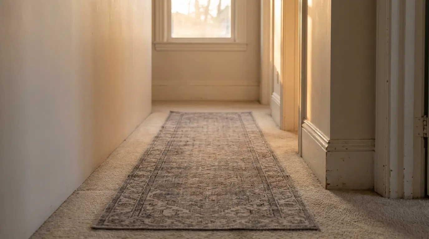 Sunlit hallway with a patterned rug on beige carpet, light streaming through a window