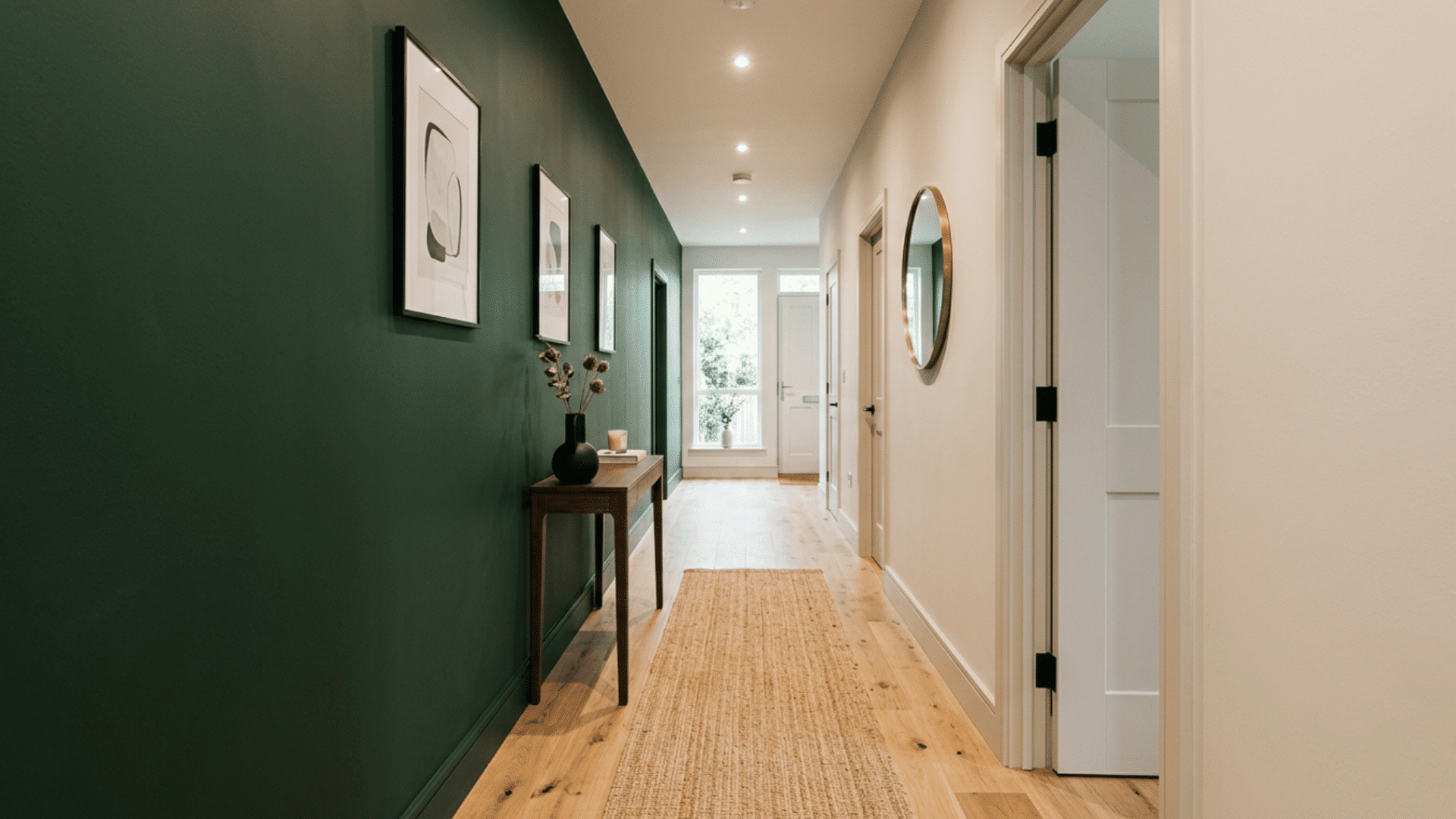 Hallway with bold accent wall in deep color, light flooring, and minimal decor creating a modern look
