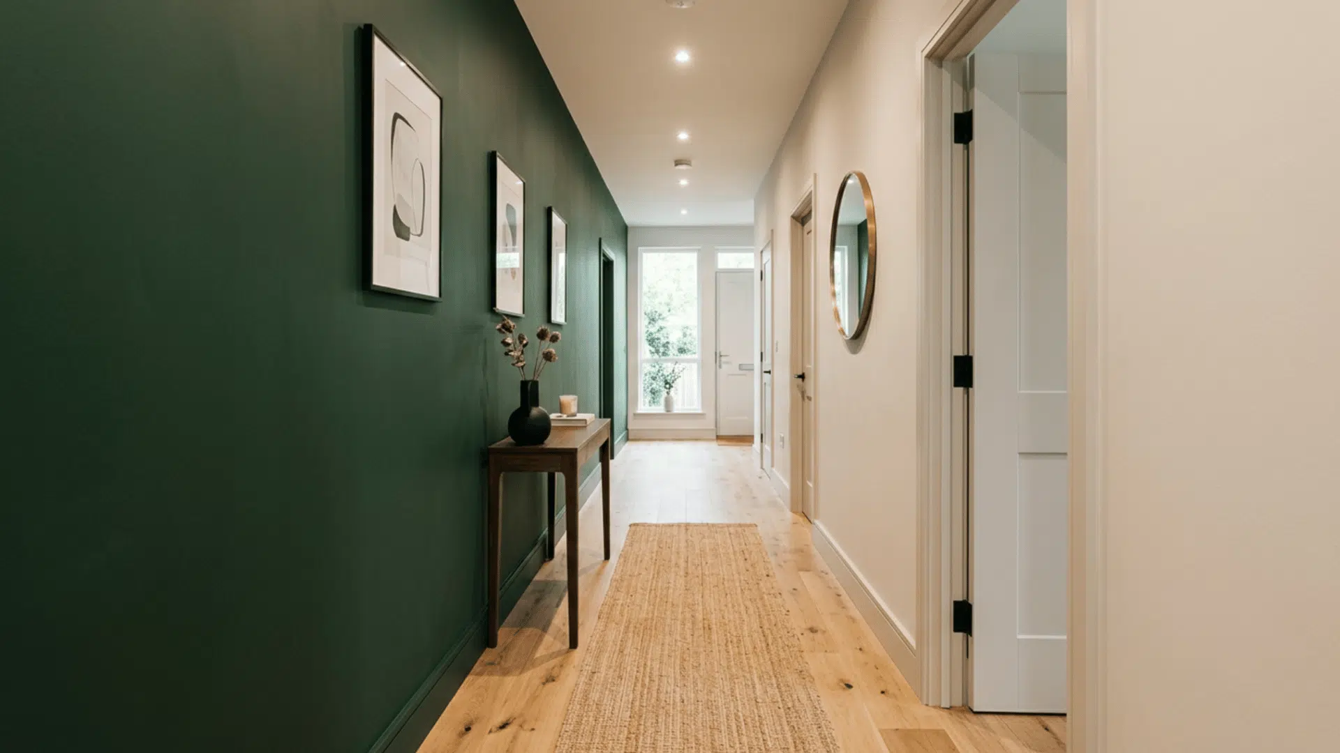 Hallway with bold accent wall in deep color, light flooring, and minimal decor creating a modern look
