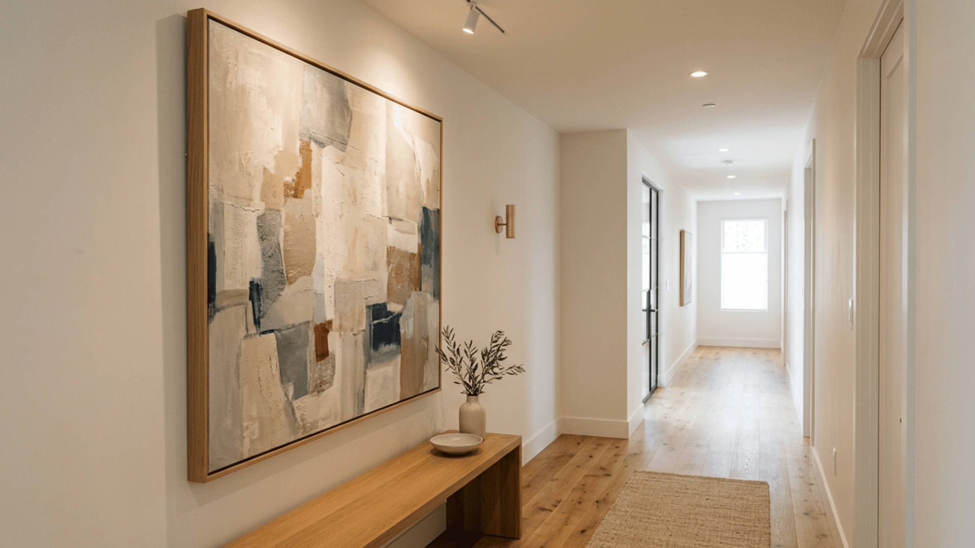 Hallway with bold painted front door adding color and personality (1)