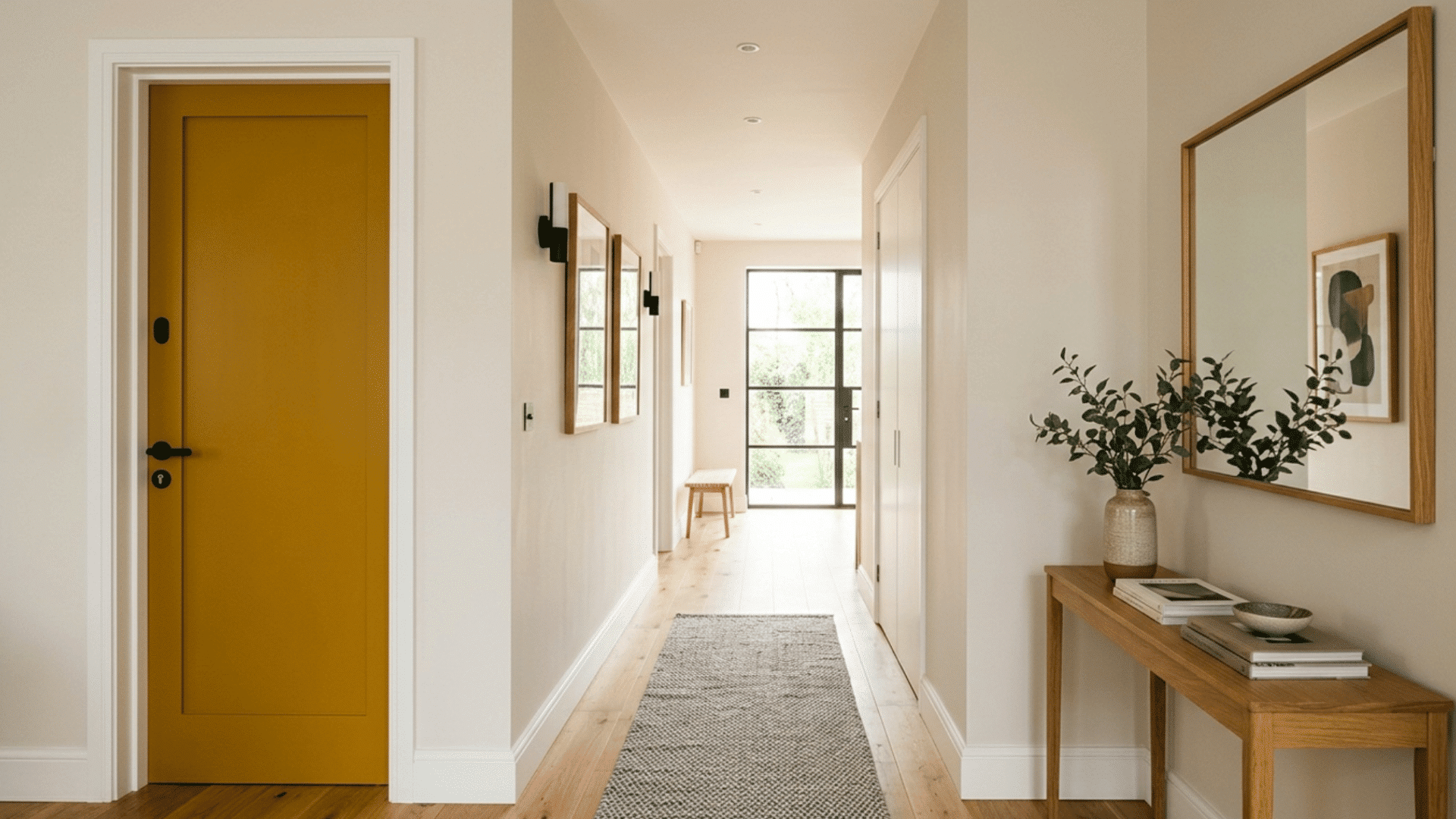 Hallway with bold painted front door adding color and personality