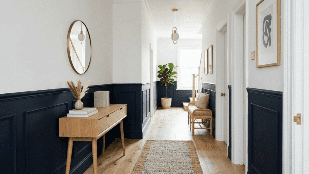 hallway with dark navy lower wall and white upper wall creating a dramatic and structured two-tone wall effect