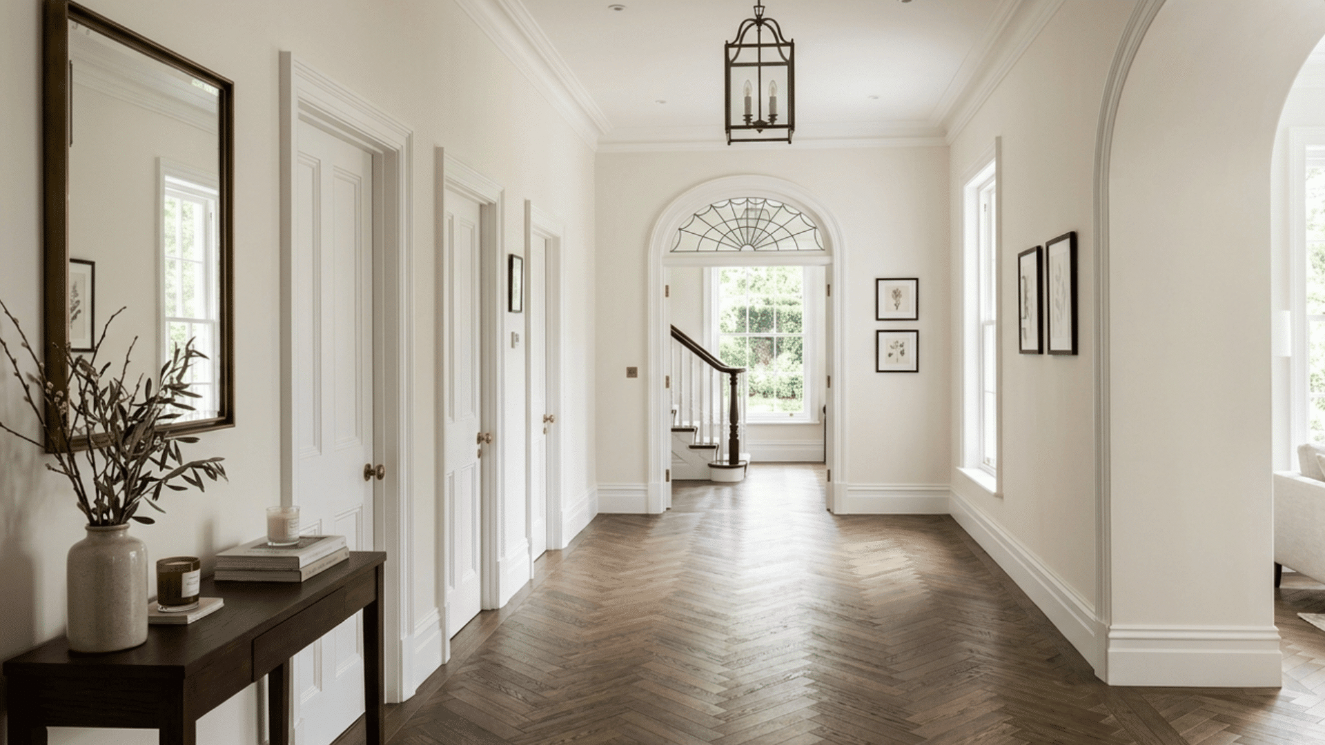 Hallway with herringbone patterned flooring or wood design adding depth and texture into the hallway