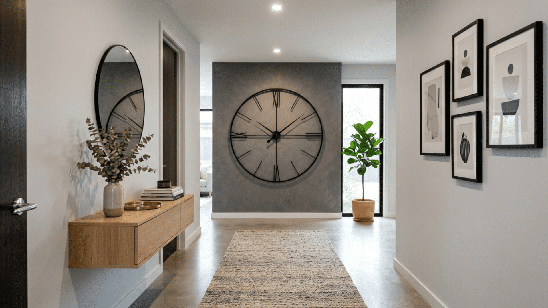 Hallway with large statement clock acting as a focal decor piece