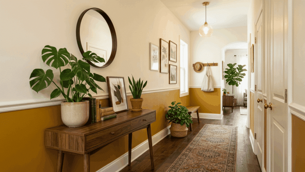 hallway with mustard yellow lower wall and cream upper wall styled with warm wood tones and indoor plants