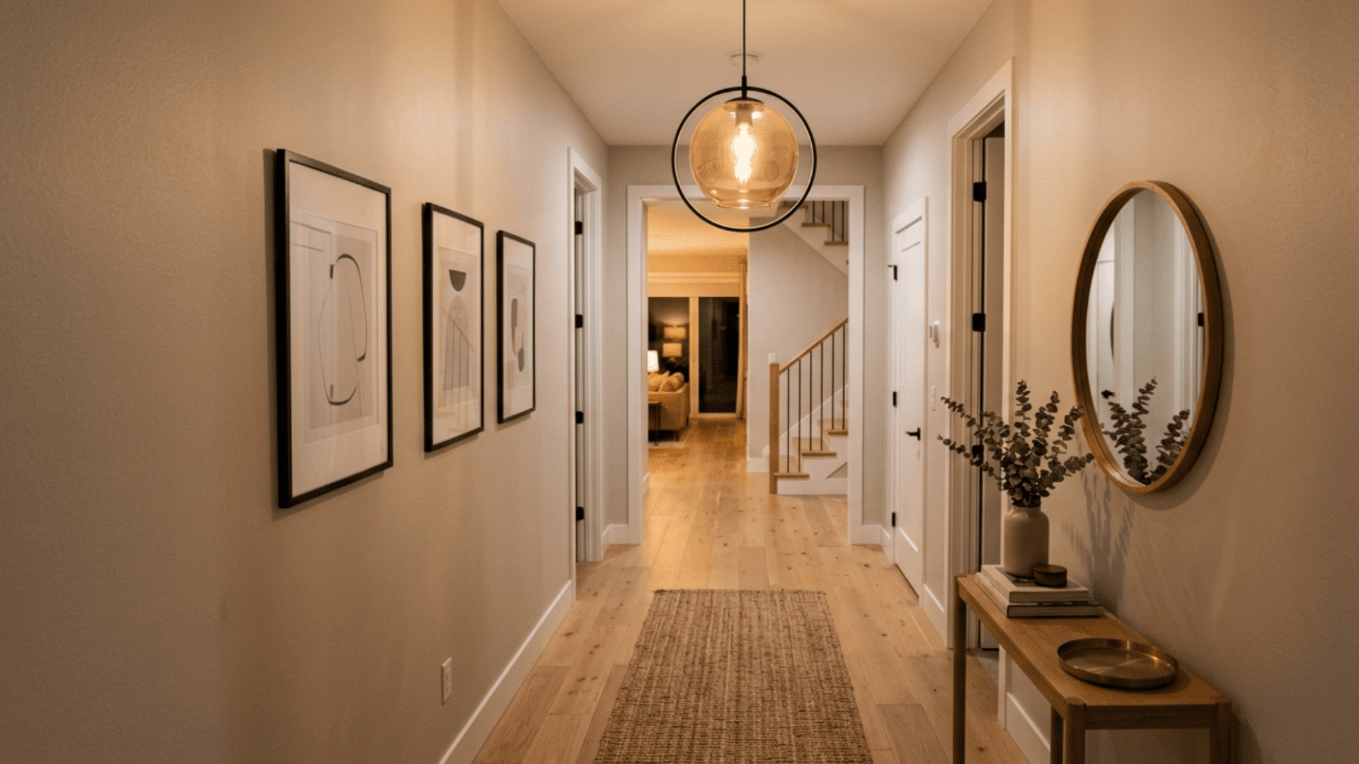 Hallway with pendant lighting creating a warm and inviting atmosphere