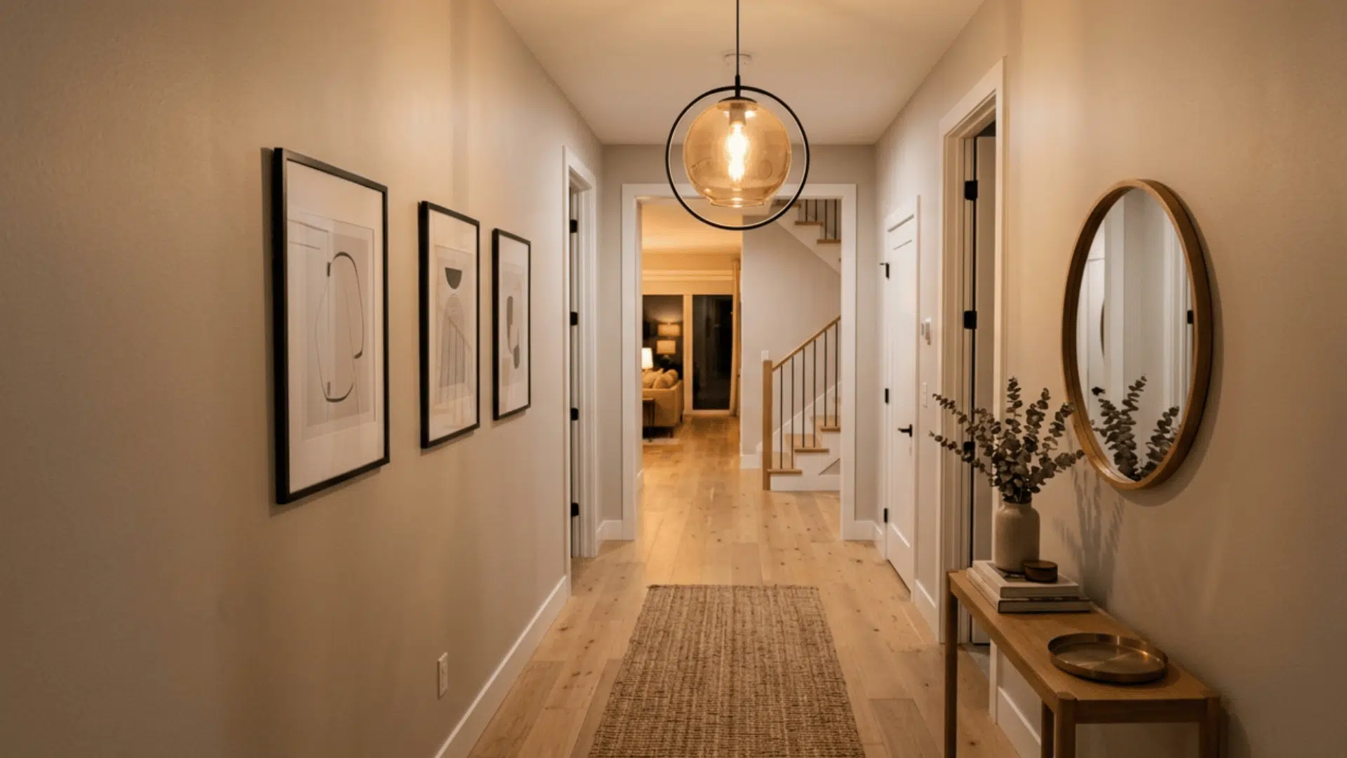 Hallway with pendant lighting creating a warm and inviting atmosphere