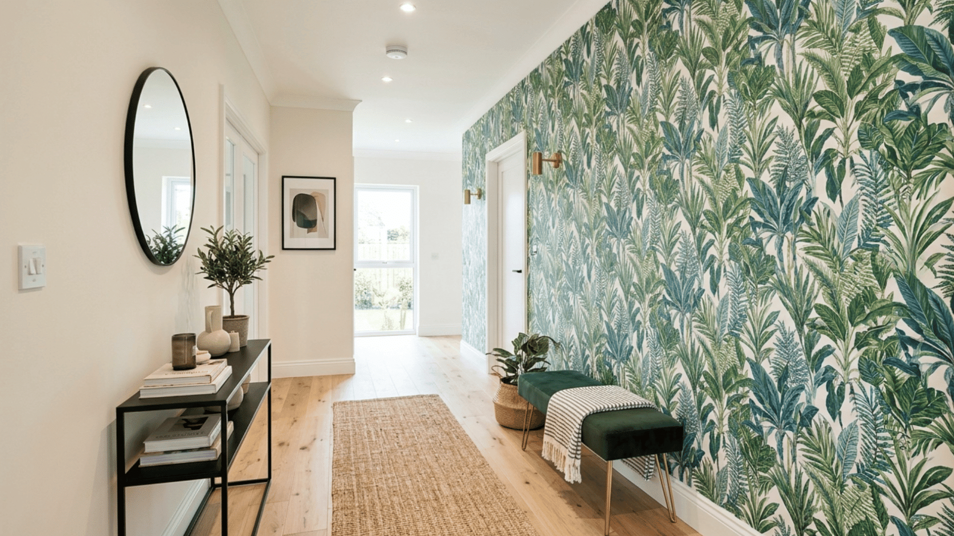 Hallway with single wallpaper feature wall adding pattern without overwhelming the space