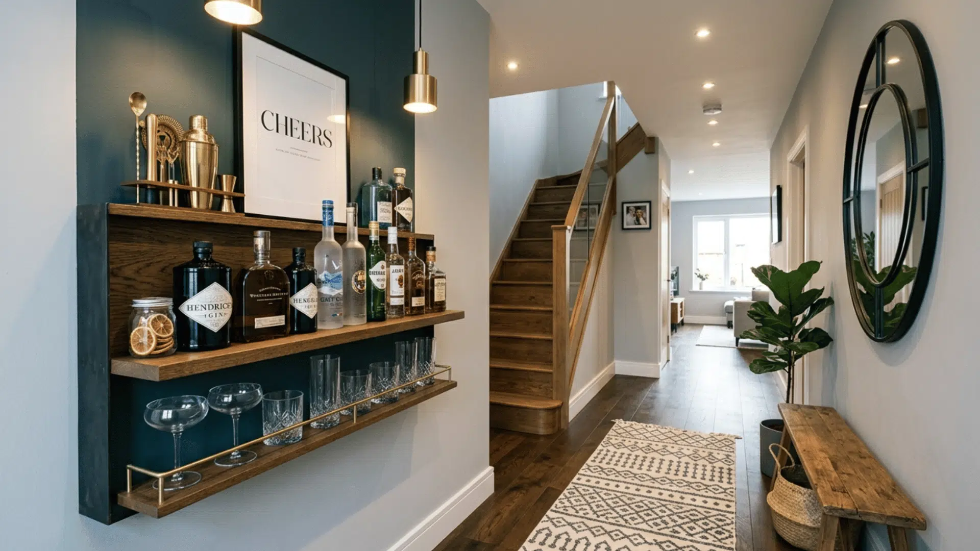 Hallway with small bar setup featuring shelves, bottles, and glasses