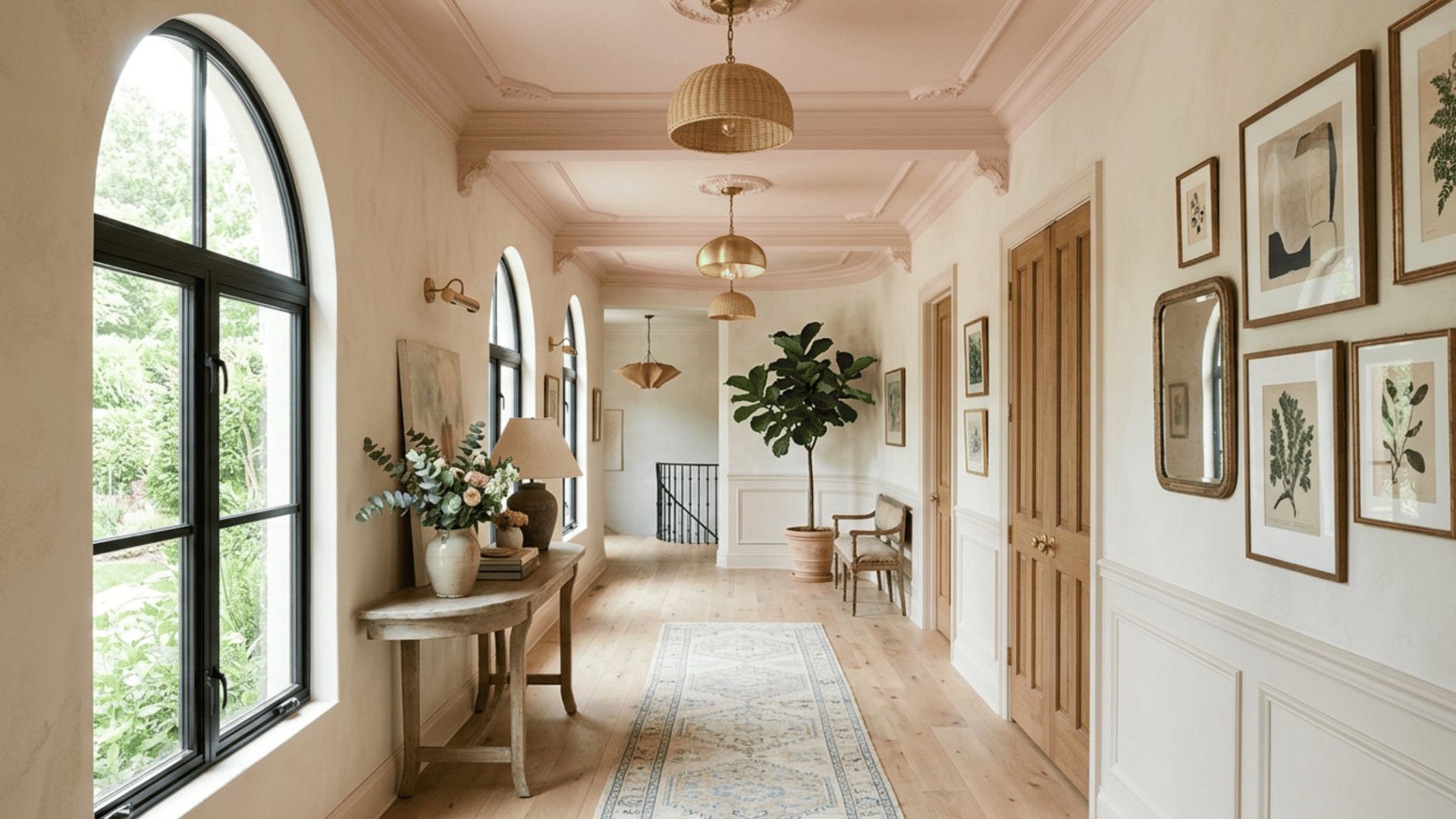 Hallway with soft colored ceiling and neutral walls creating a unique look