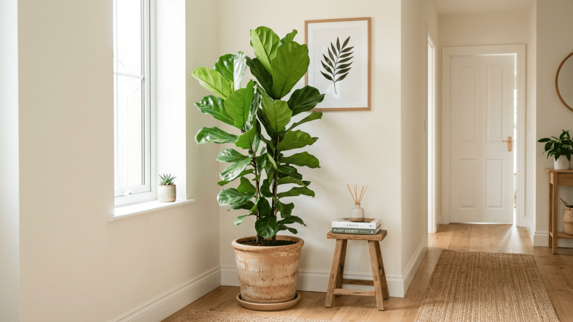 Hallway with tall indoor plant adding greenery and freshness to a simple interior