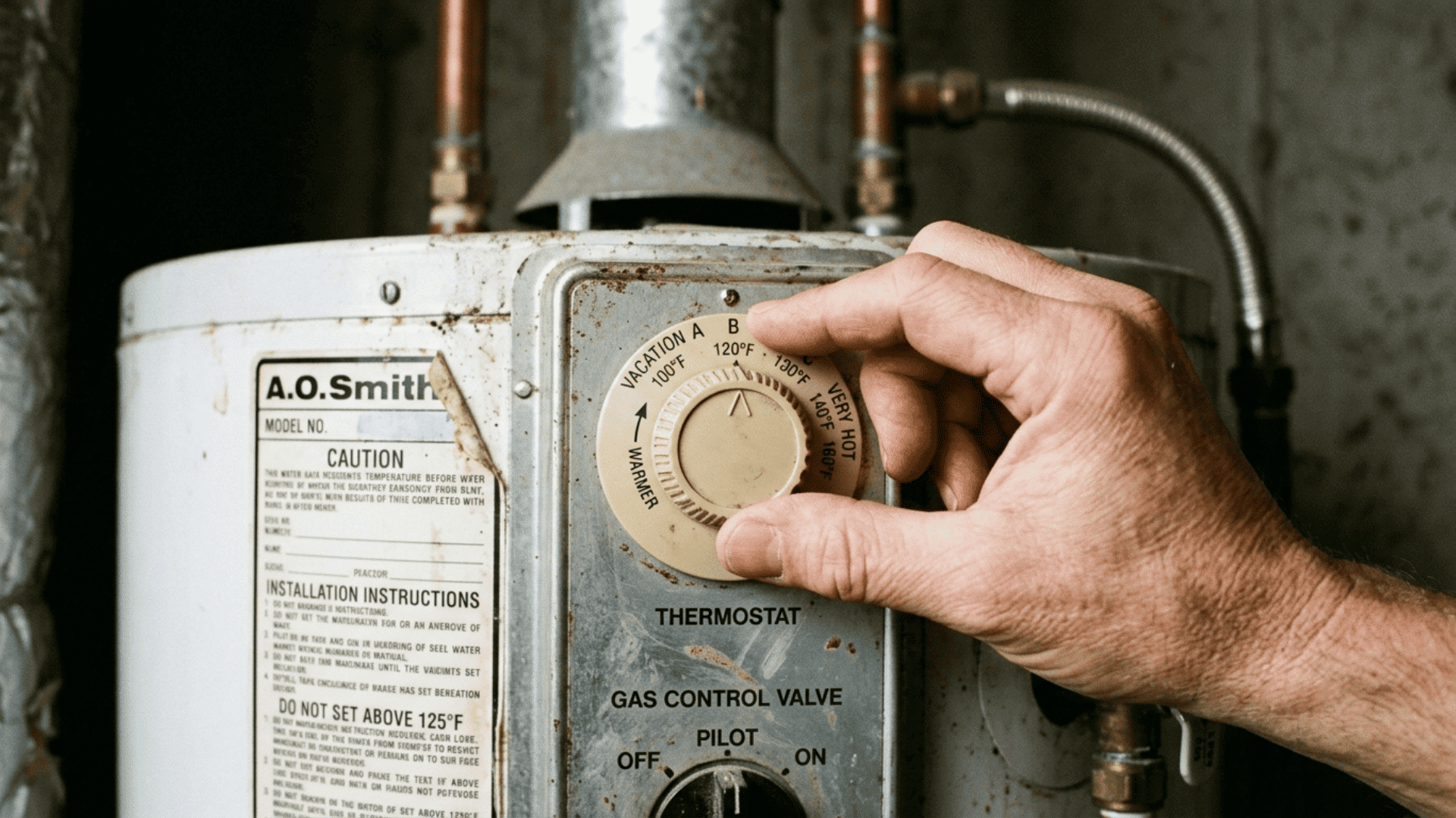 hand adjusting the thermostat dial on an ao smith gas control valve showing temperature settings between 120 and 140 degrees fahrenheit
