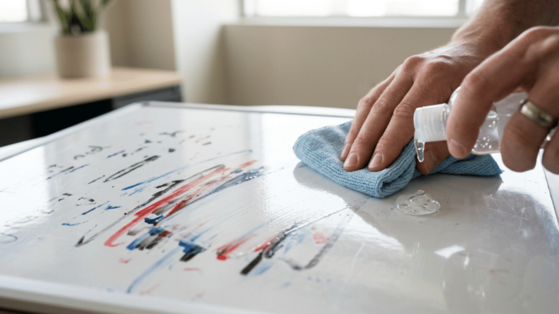 hand applying sanitizer on whiteboard and wiping it clean, dissolving marker ink stains