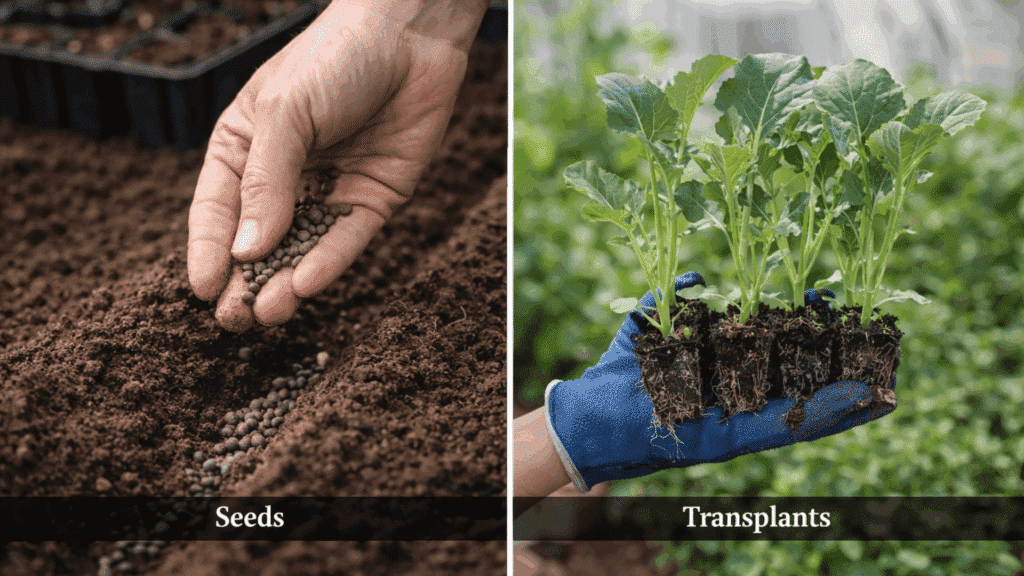 hand planting broccoli seeds and holding young broccoli transplants for gardening.