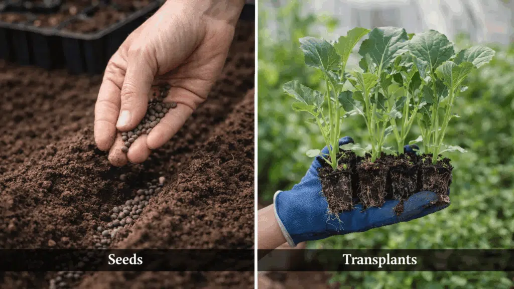hand planting broccoli seeds and holding young broccoli transplants for gardening.