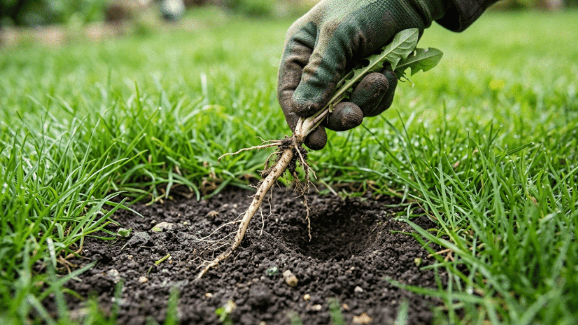 hand pulling weed from lawn with roots intact leaving small hole in soil surrounded by healthy grass