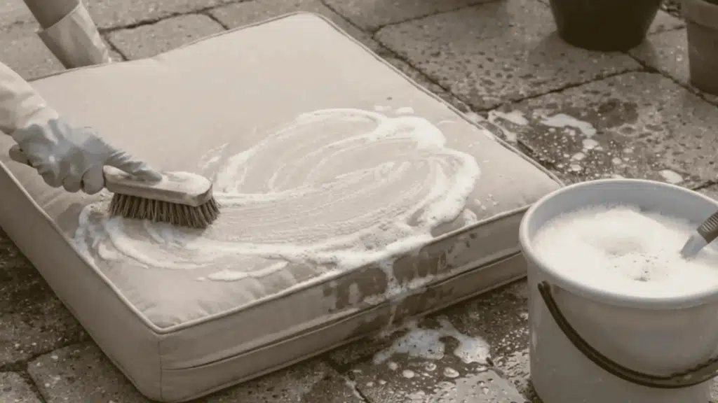 hand scrubbing outdoor cushion with soap and brush on patio floor.