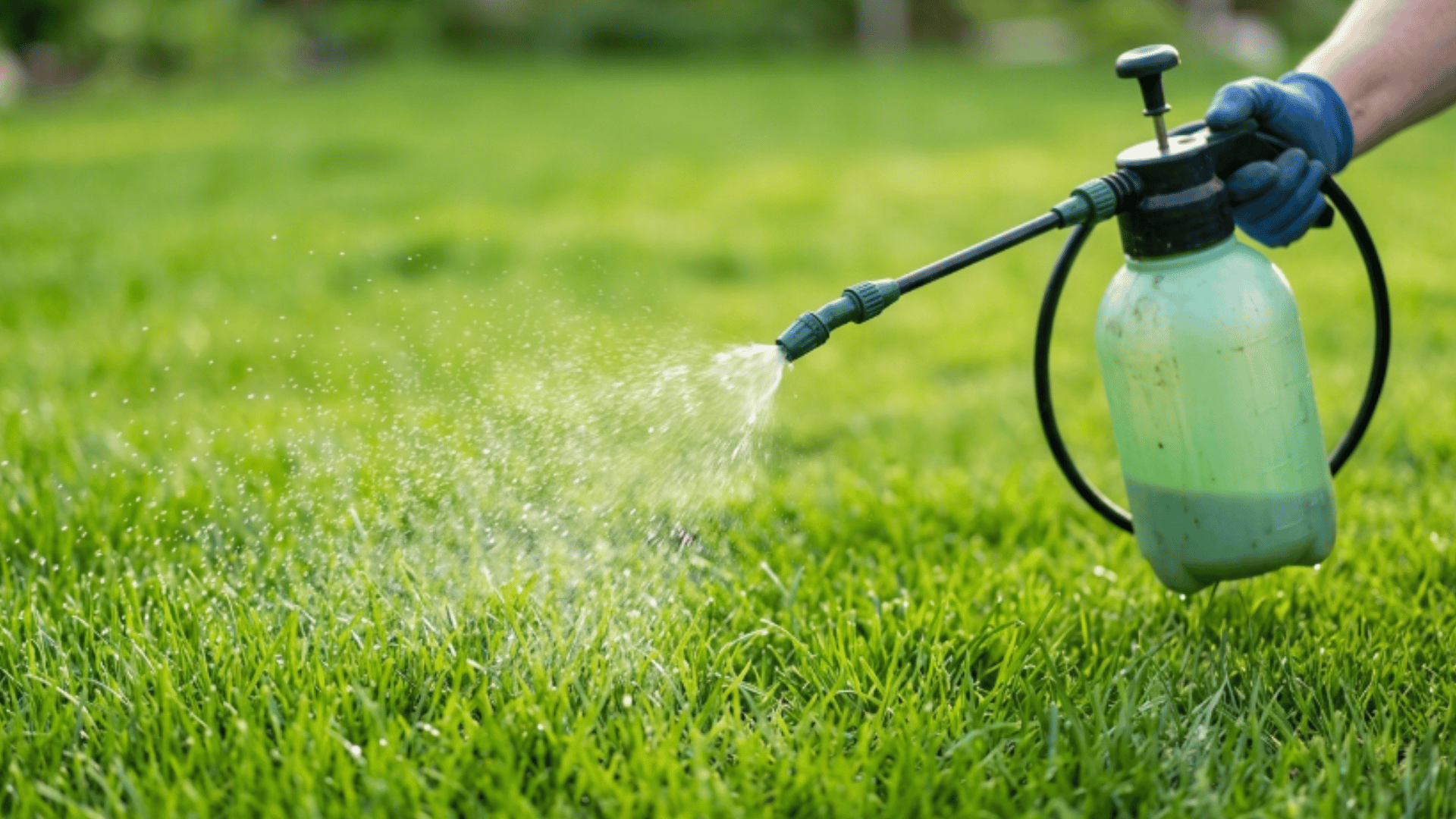 hand spraying liquid fertilizer evenly over green lawn with fine mist covering grass in natural outdoor light