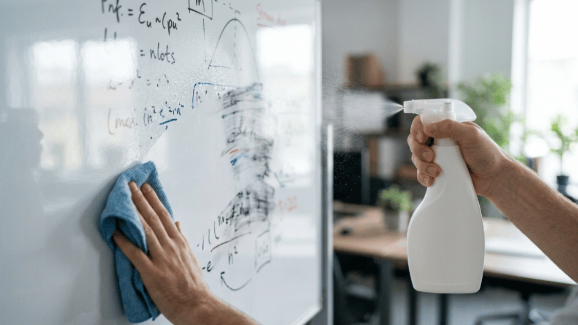 hand spraying whiteboard cleaner and wiping surface, removing marker residue effectively