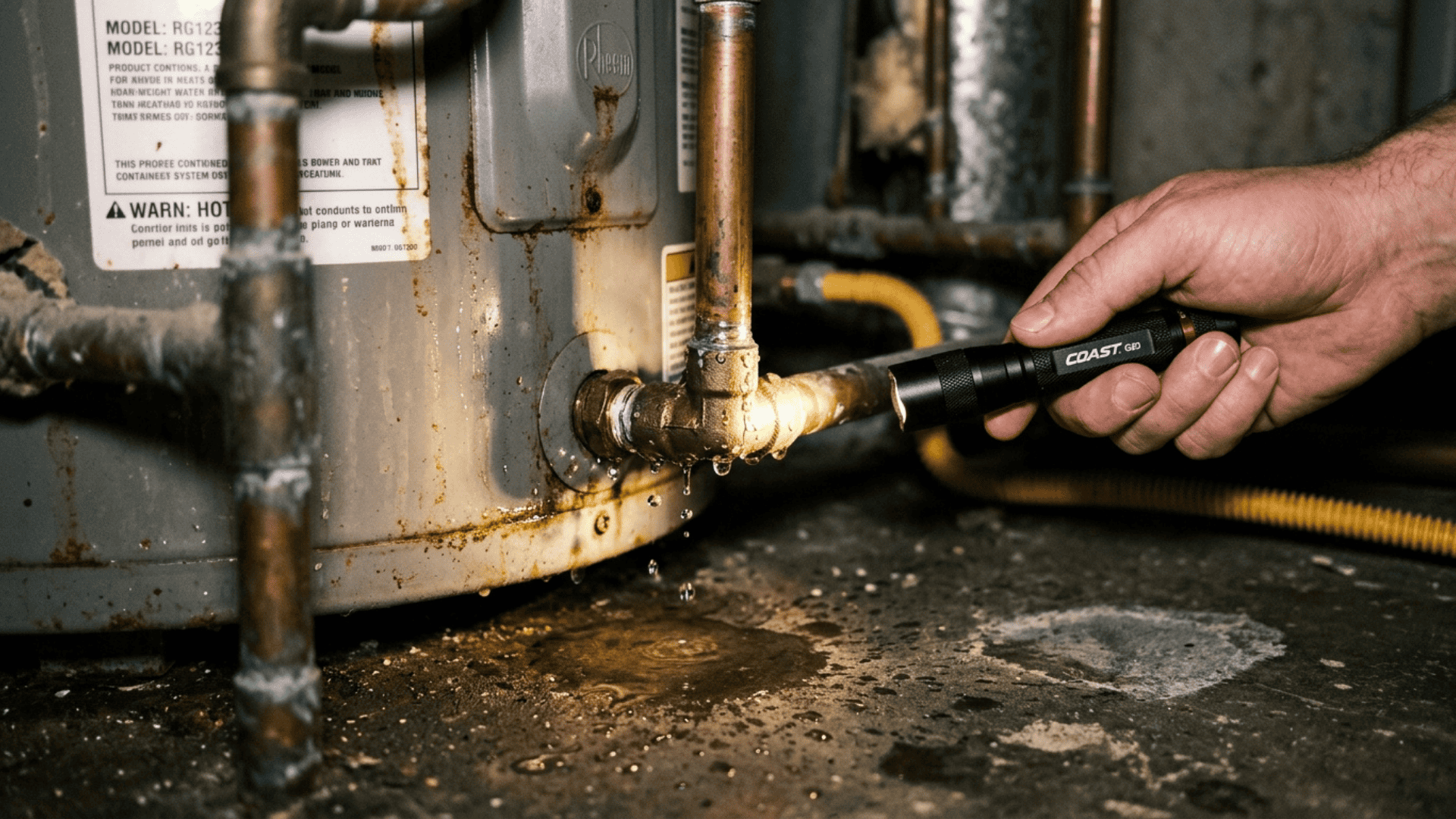 hand using a flashlight to inspect corroded pipe fittings on a water heater with water dripping from connections onto the floor