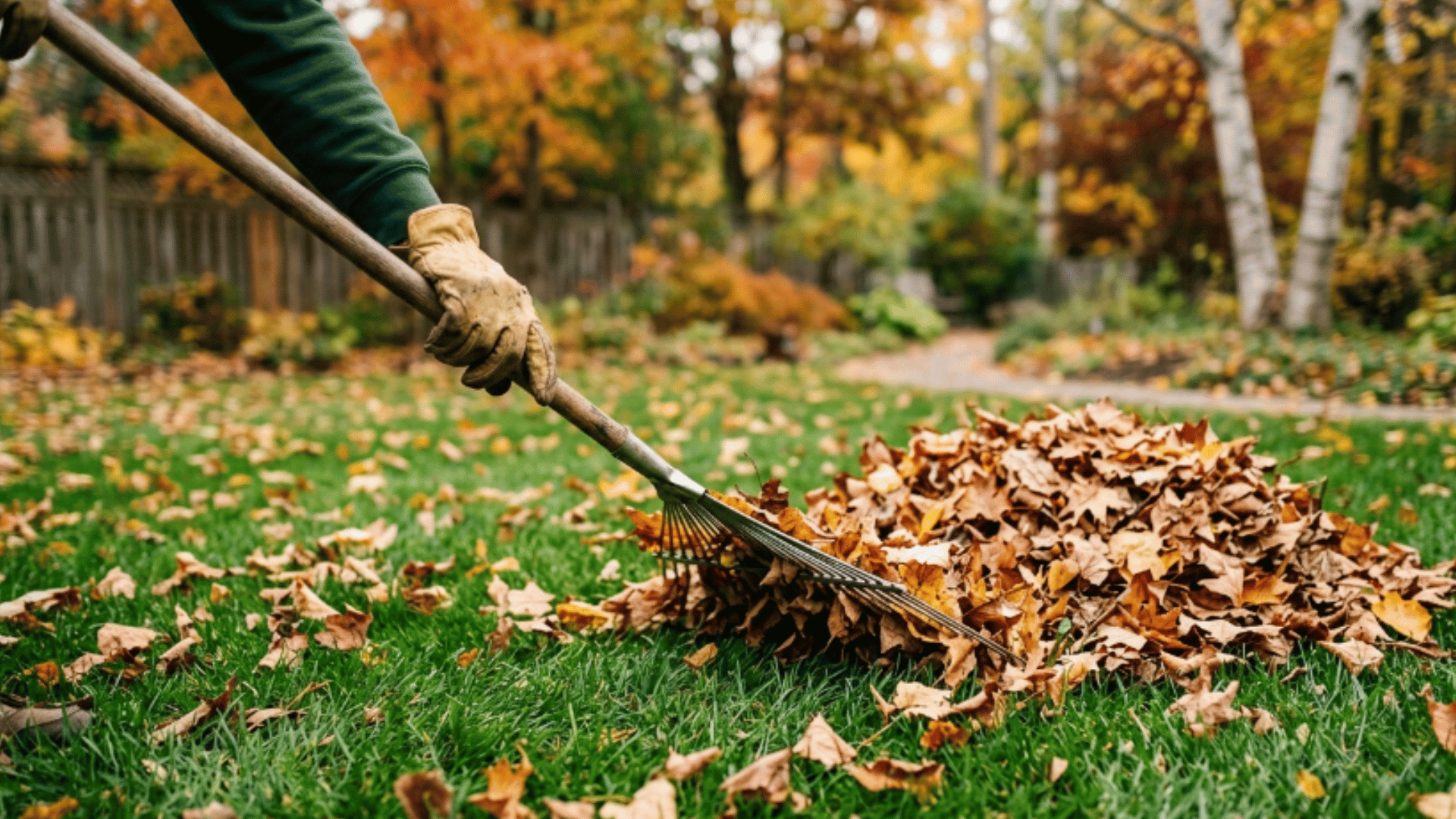hand using rake to gather dry leaves into neat pile on green lawn with scattered leaves around