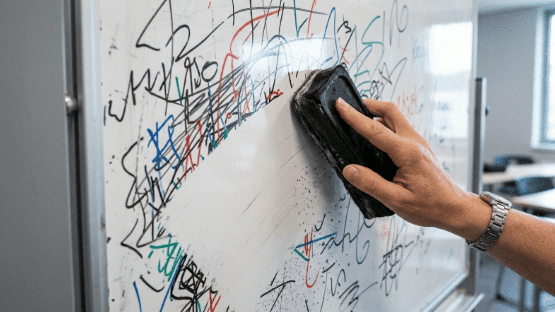 hand using whiteboard eraser to remove marker scribbles and reveal clean surface (1)