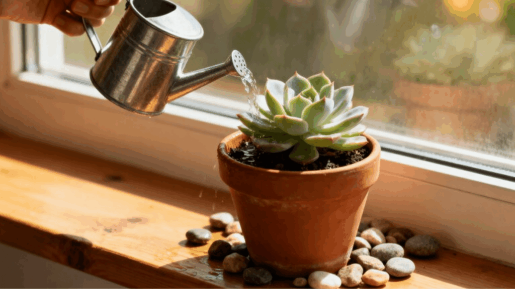 hand watering a potted succulent with a metal watering can on a sunny windowsill, surrounded by decorative stones