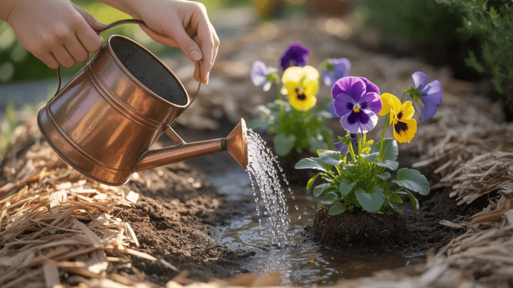 hand watering newly planted pansy flowers with a metal watering can in garden soil