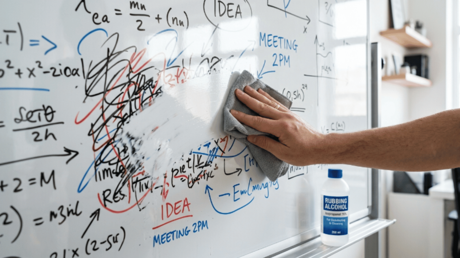 hand wiping whiteboard with cloth and rubbing alcohol bottle nearby, removing marker stains