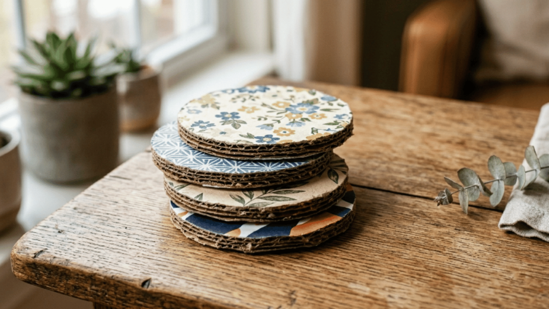 handmade coasters with decorative paper patterns stacked on wooden surface with clean minimal background