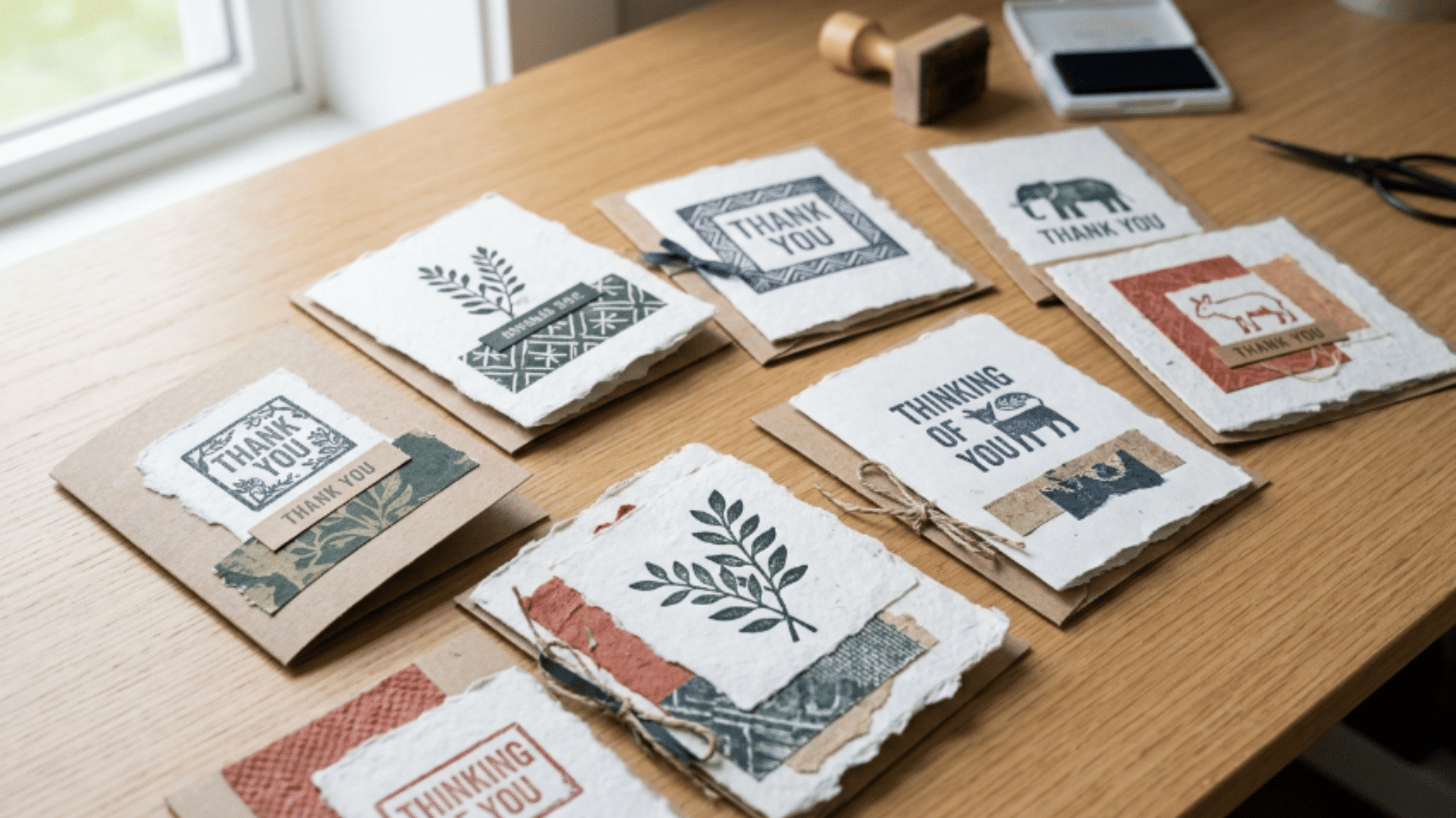 handmade greeting cards with stamped patterns and layered paper placed on desk with soft natural lighting