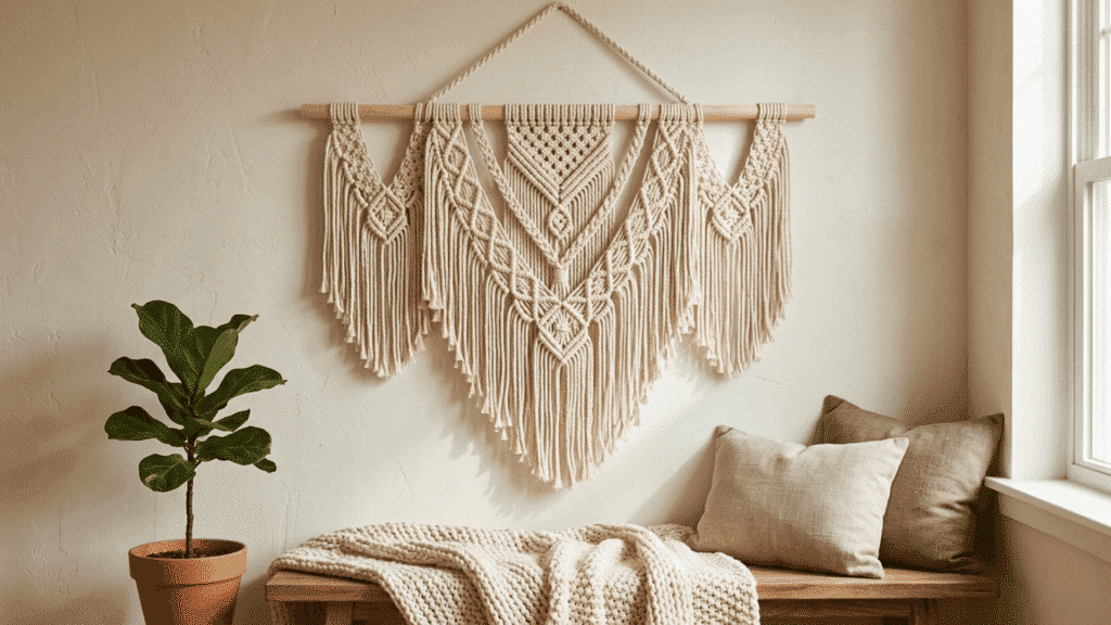 handmade macrame wall hanging with intricate knots displayed above a bench.