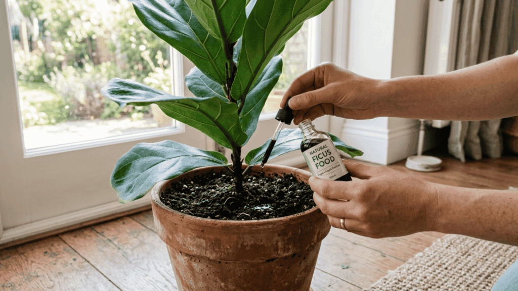 hands applying fertilizer to ficus lyrata with broad green leaves in terracotta pot near window on wooden floor