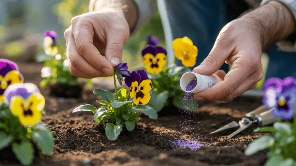 hands applying fertilizer to pansy plant in garden soil with blooming flowers nearby