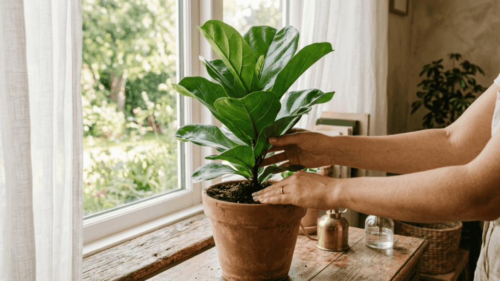 hands carefully positioning a fiddle leaf fig plant in a terracotta pot on a wooden surface next to a bright window indoors