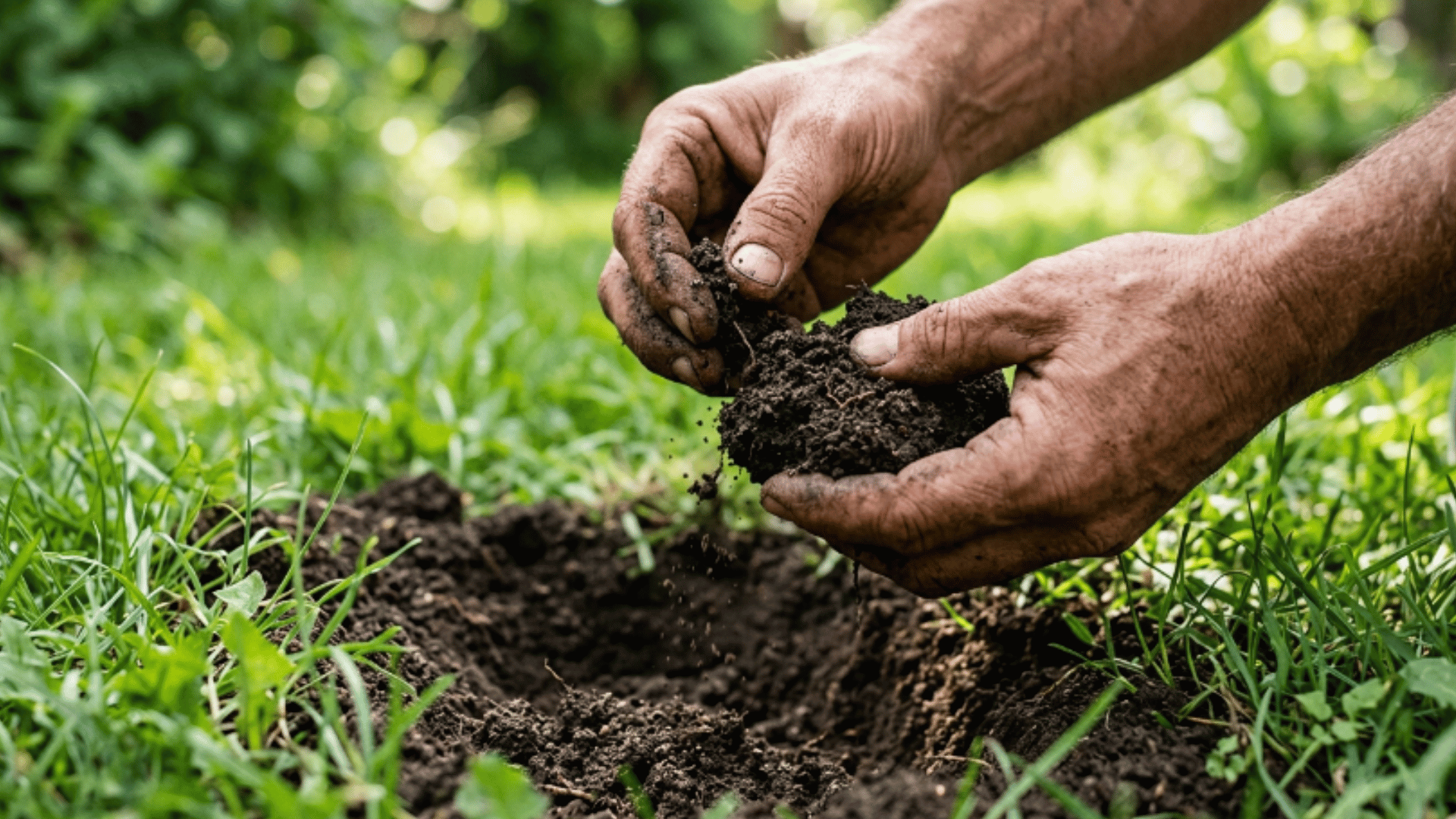 hands checking dark soil texture in small lawn patch with rich soil visible and green grass around area