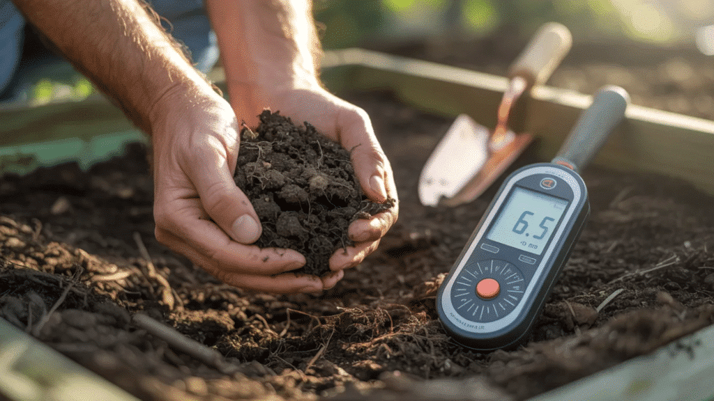 hands holding rich garden soil next to digital pH meter showing soil acidity level in sunlight