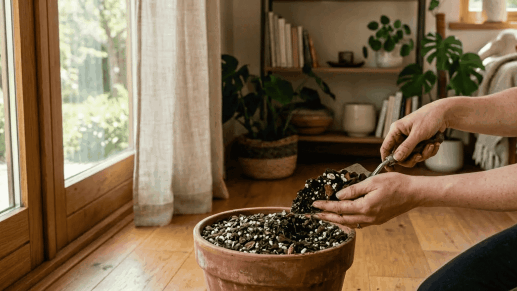 hands mixing potting soil with perlite in a terracotta pot on a wooden floor near a bright window with sheer curtains indoors