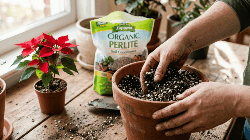 hands mixing soil and perlite in a pot with a small poinsettia plant and perlite bag in background
