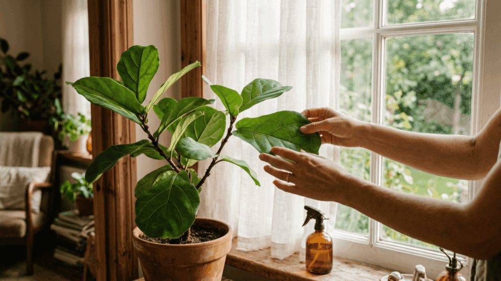 hands placing a ficus plant near a window with bright indirect sunlight filtering through a sheer white curtain indoors