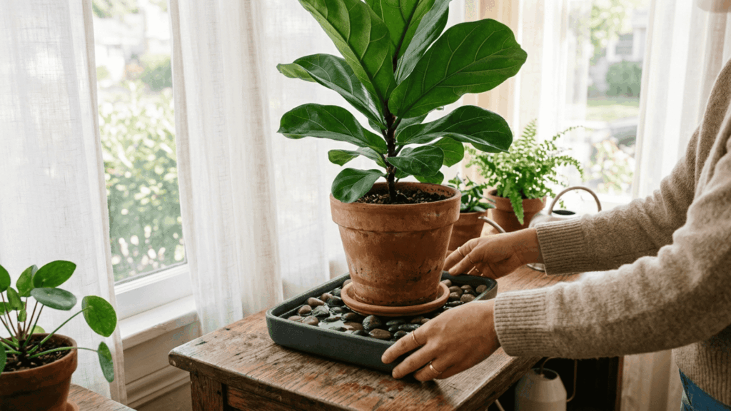 hands placing a water filled pebble tray under a fiddle leaf fig in a terracotta pot on a wooden surface near a window