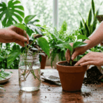 hands placing plant cuttings into water and soil on a wooden table, showing indoor plant propagation setup with natural light