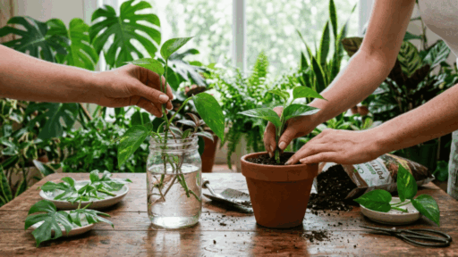 hands placing plant cuttings into water and soil on a wooden table, showing indoor plant propagation setup with natural light