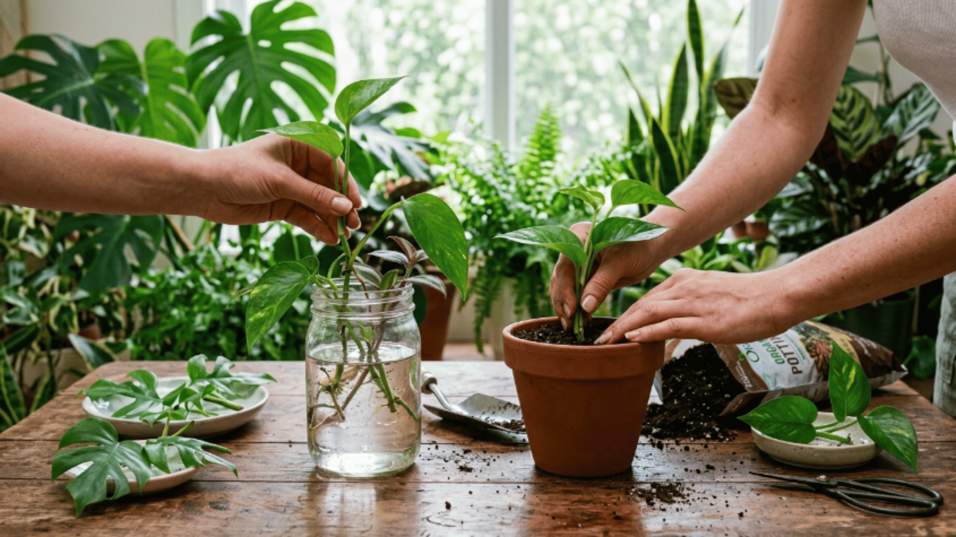 hands placing plant cuttings into water and soil on a wooden table, showing indoor plant propagation setup with natural light