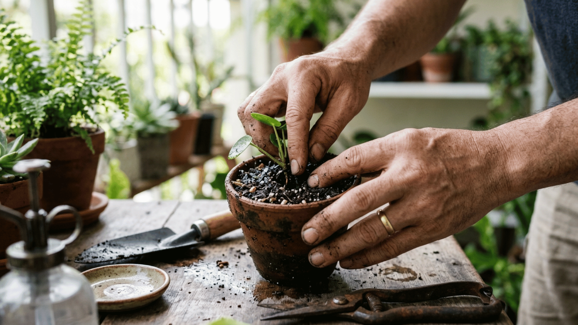 hands planting a small cutting into a pot with soil, surrounded by gardening tools in a bright indoor garden setting
