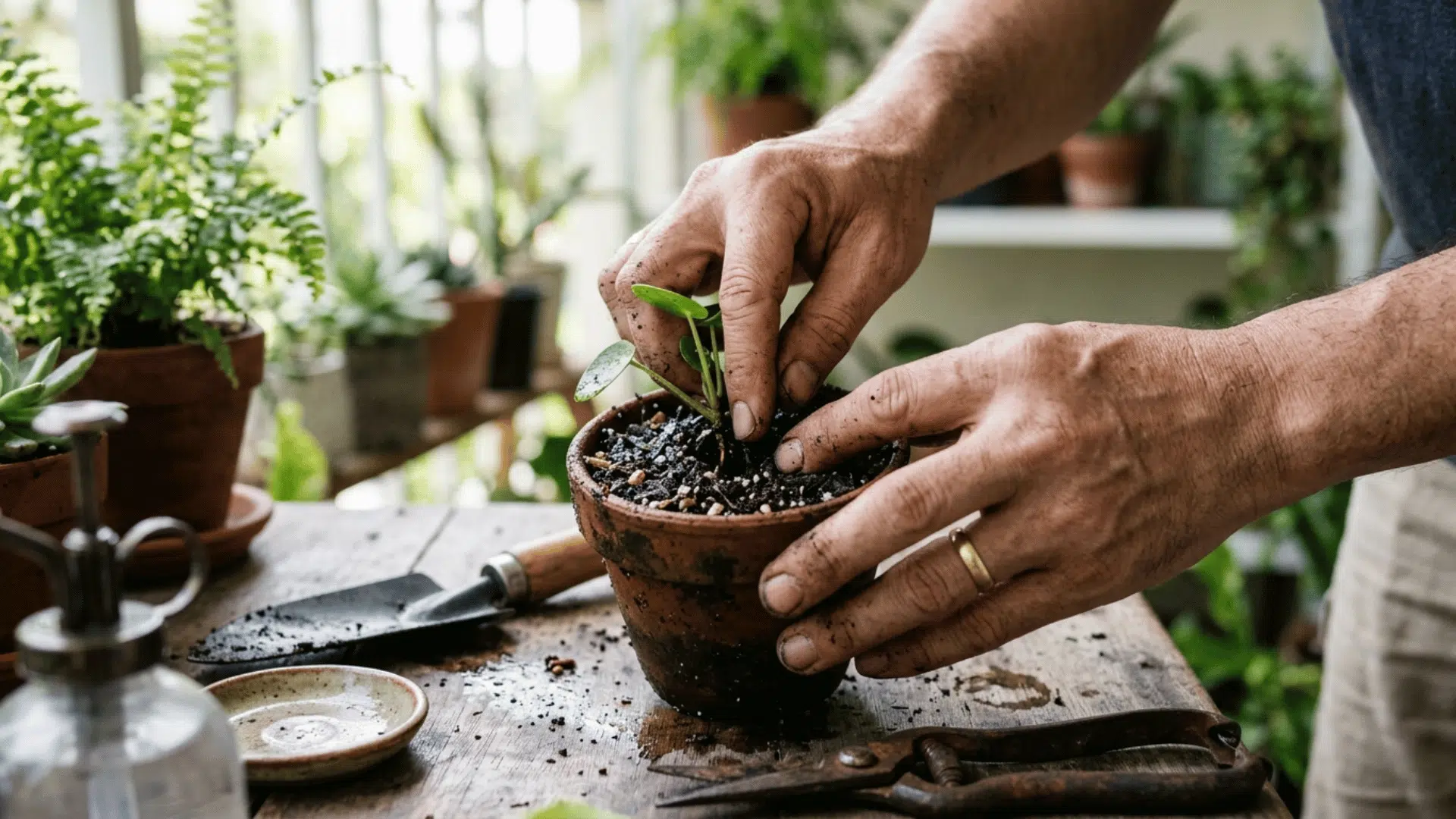 hands planting a small cutting into a pot with soil, surrounded by gardening tools in a bright indoor garden setting