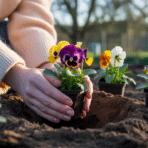 hands planting pansy seedlings in garden soil with colorful flowers in soft natural light